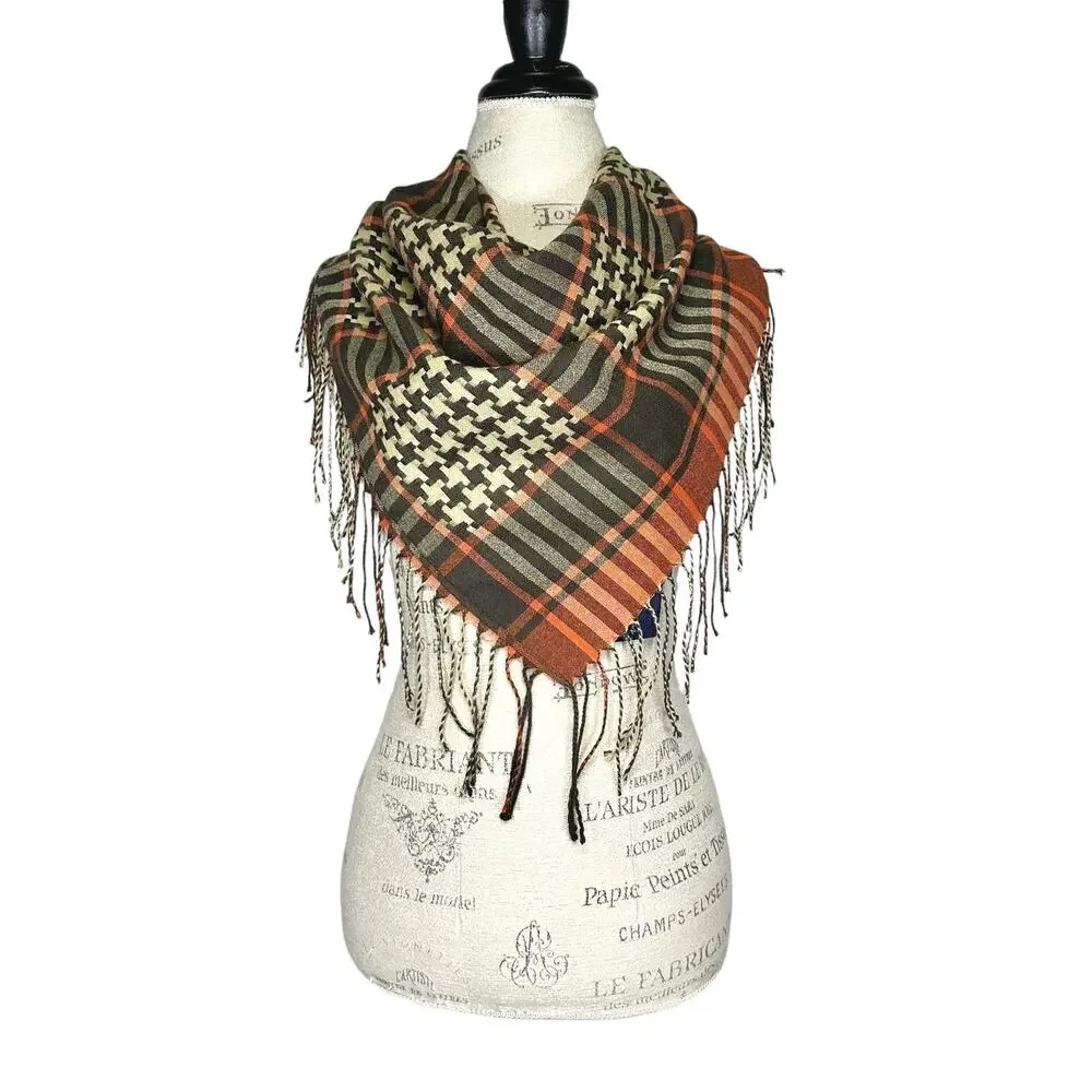 Pashmina | Women | Silk Cashmere Blend Fringe Plaid Geometric Print Square Scarf